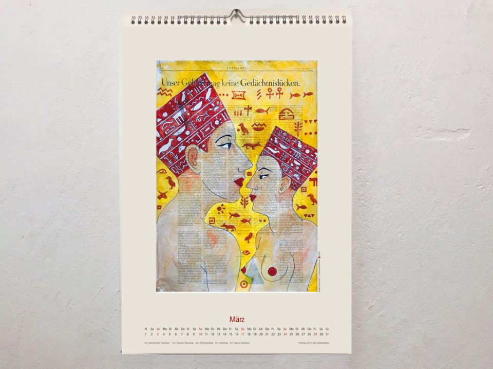 März-Kalenderblatt 2024 mit figürlicher Illustration auf ganzer Zeitungsseite. Liebende Frau im Bikini, Überschriftteil "Gedächtnislücken"