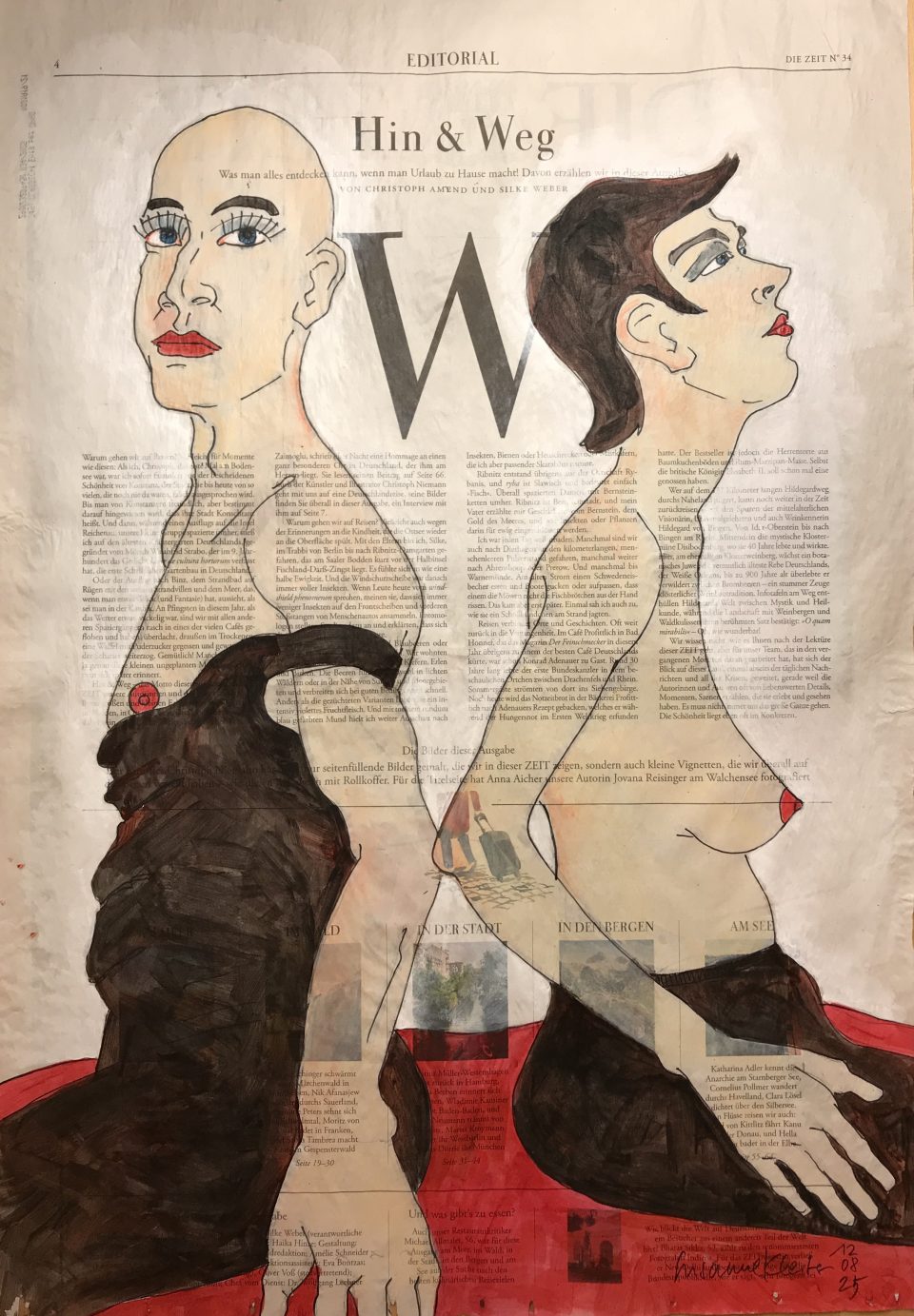 Hin & Weg – figürliche Illustration auf ganzer Zeitungsseite