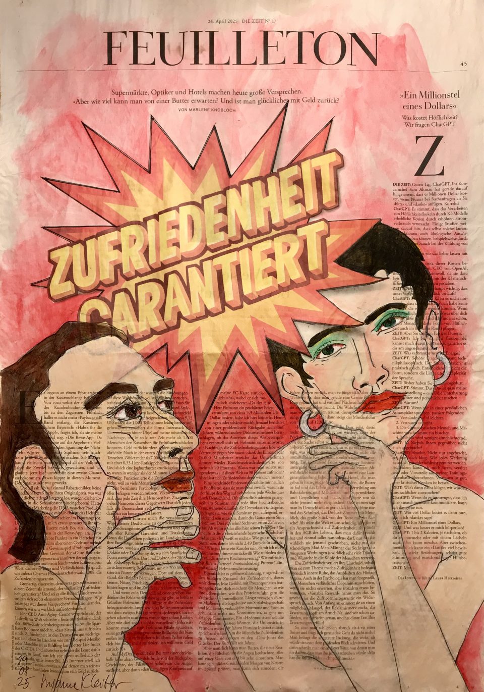 Zufriedenheit garantiert – figürliche Illustration auf ganzer Zeitungsseite