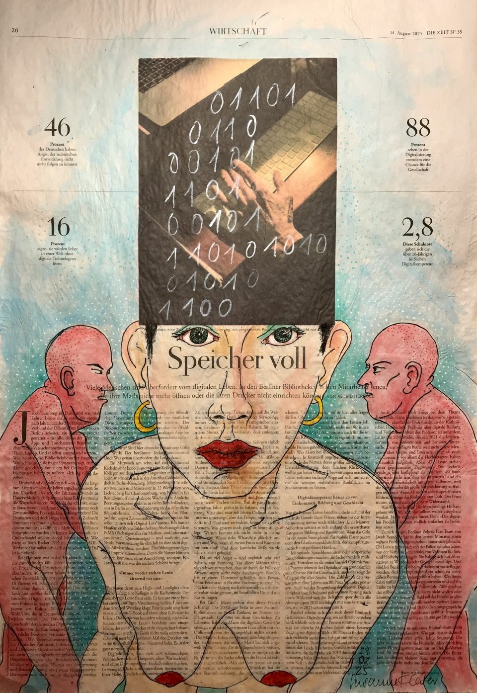 Speicher voll – figürliche Illustration auf ganzer Zeitungsseite