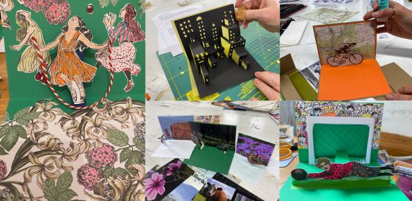 Collage von mehreren Bildern von Pop-Up-Karten, die im Kurs entstanden sind