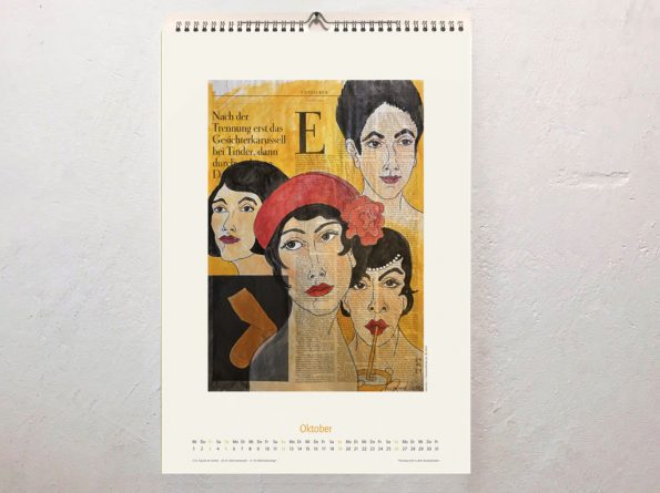 Oktober-Kalenderblatt – vier Frauenporträts auf ganzer Zeitungsseite mit Titel "Gesichterkarussell