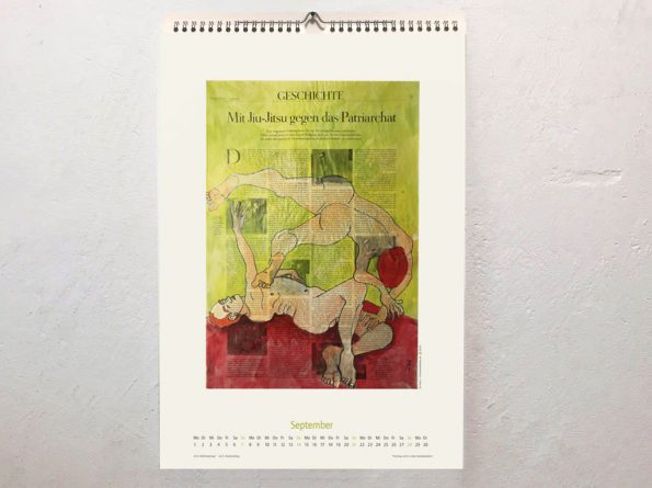 September-Kalenderblatt des Coronik-Monatskalenders mt 13 figürliche Illustrationen auf Zeitung