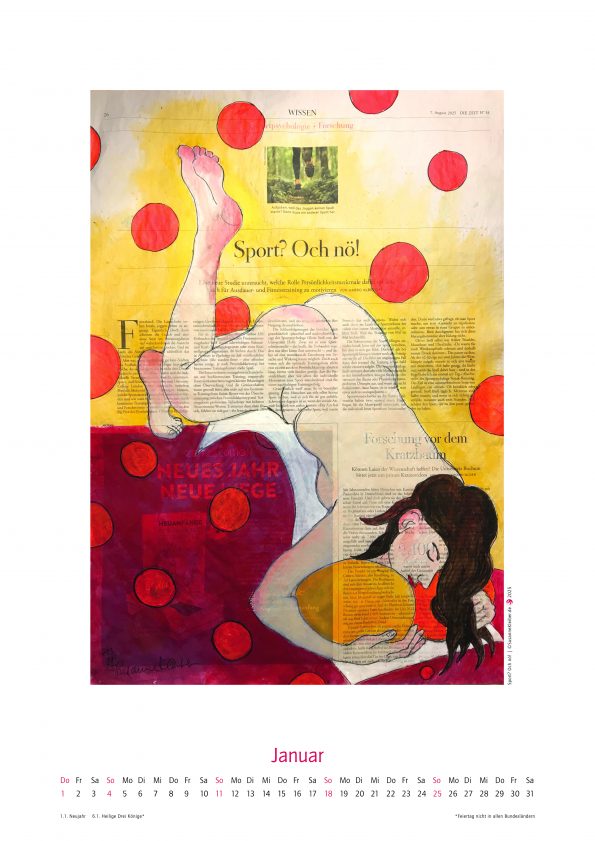 Januar des Kalenders 2026 mit figürlicher Illustration auf ganzer Zeitungsseite