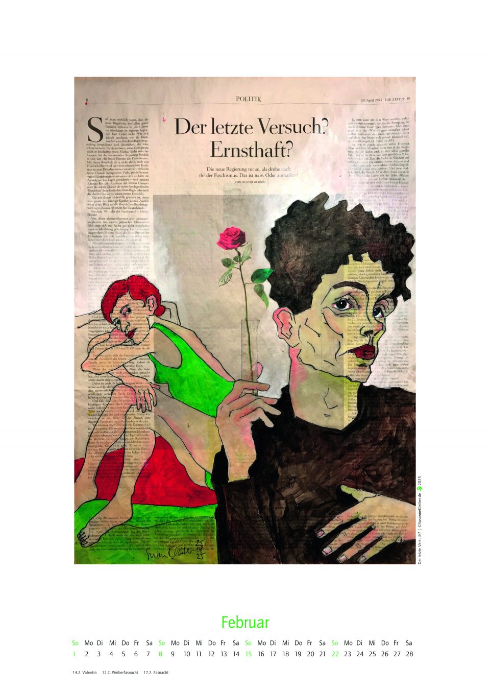Februar des Kalenders 2026, mit figürlicher Illustration auf ganzer Zeitungsseite