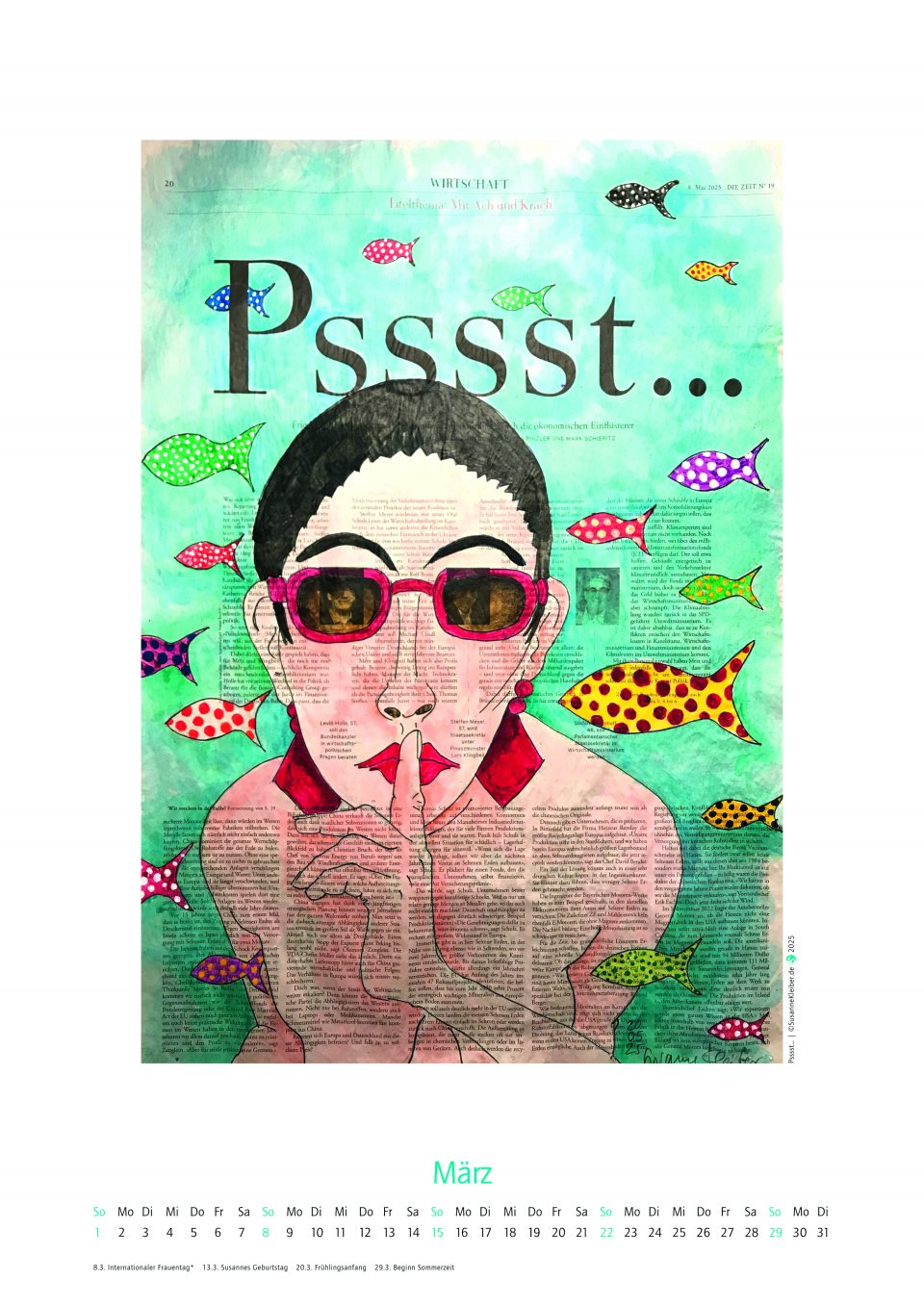 Februar des Kalenders 2026, mit figürlicher Illustration auf ganzer Zeitungsseite