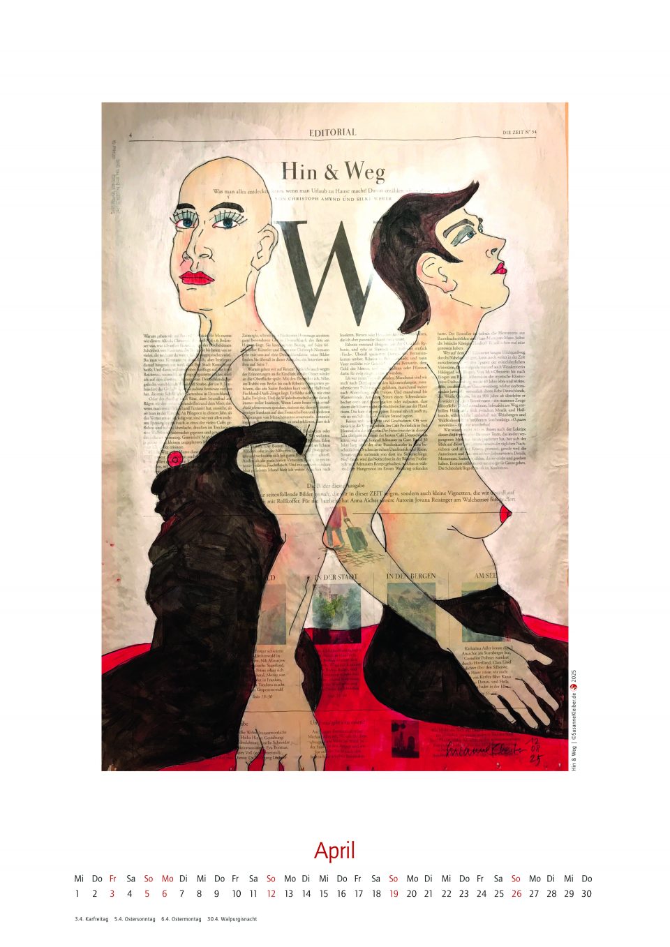April des Kalenders 2026, mit figürlicher Illustration auf ganzer Zeitungsseite