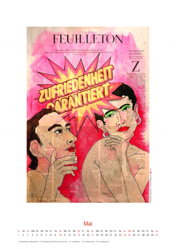 Mai des Kalenders 2026, mit figürlicher Illustration auf ganzer Zeitungsseite