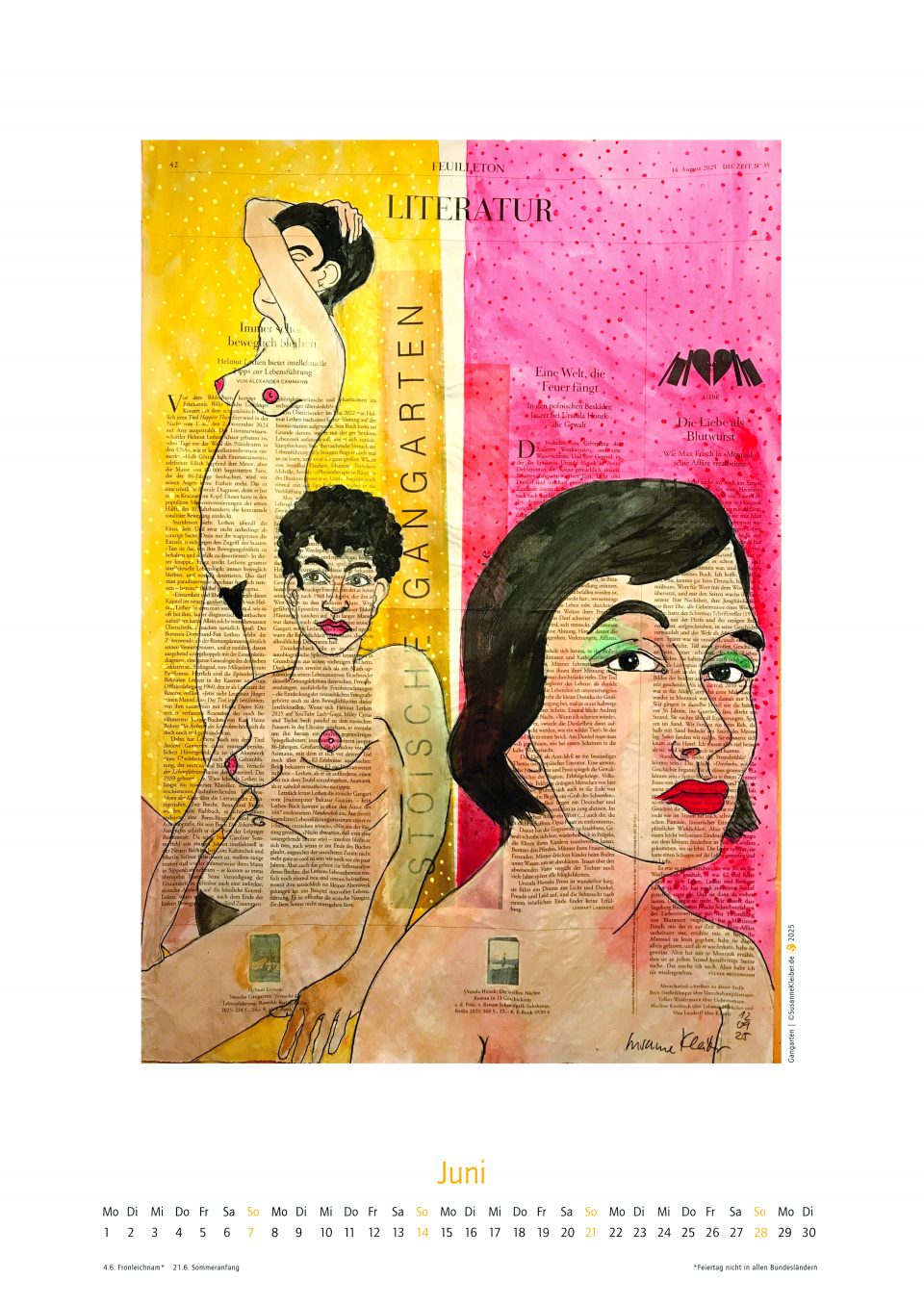 Juni des Kalenders 2026, mit figürlicher Illustration auf ganzer Zeitungsseite
