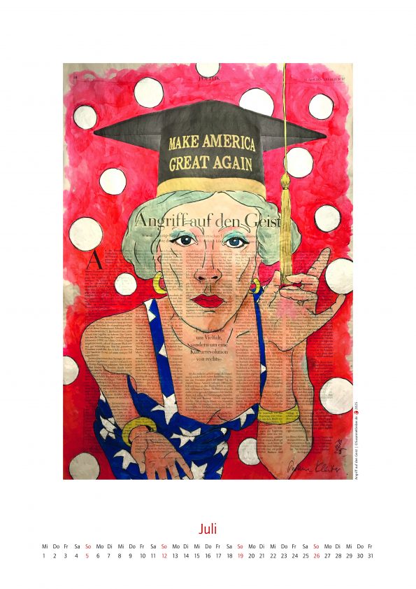 Juli des Kalenders 2026, mit figürlicher Illustration auf ganzer Zeitungsseite