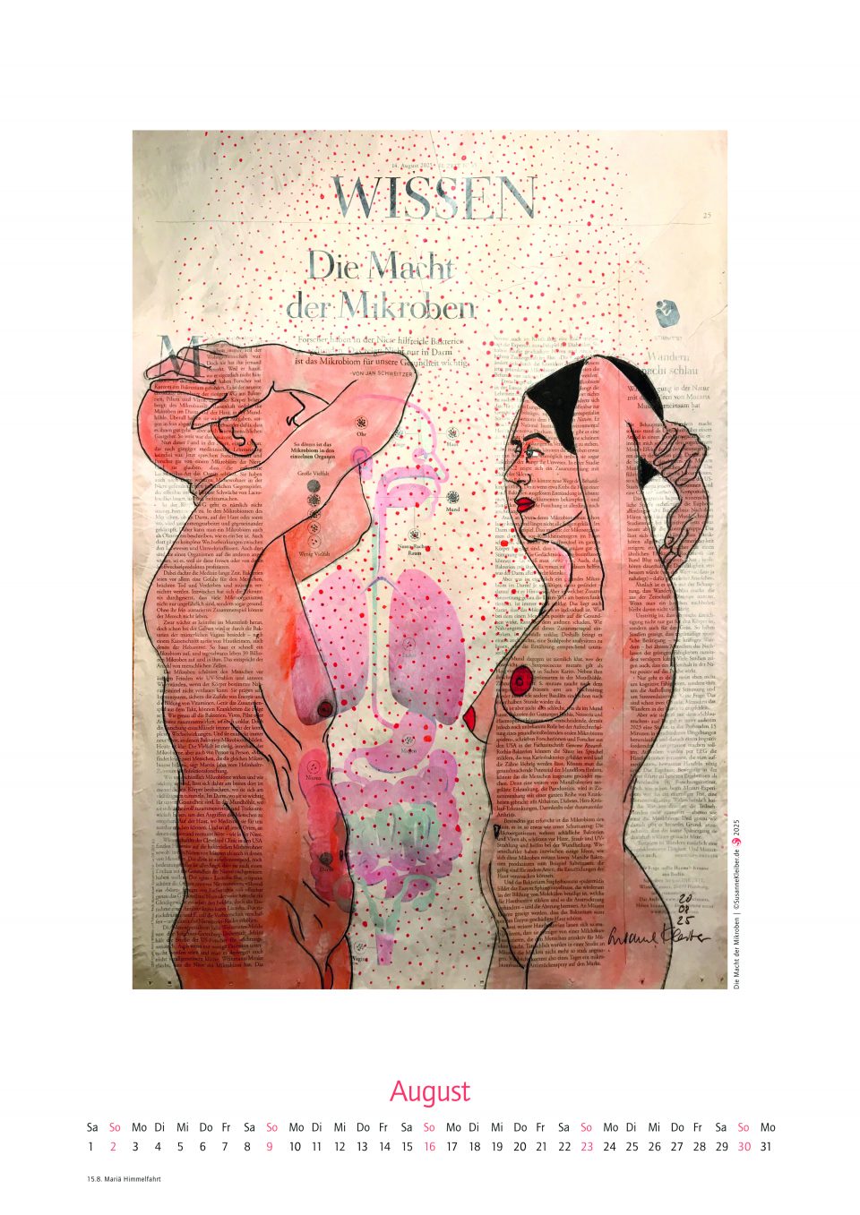 August des Kalenders 2026, mit figürlicher Illustration auf ganzer Zeitungsseite