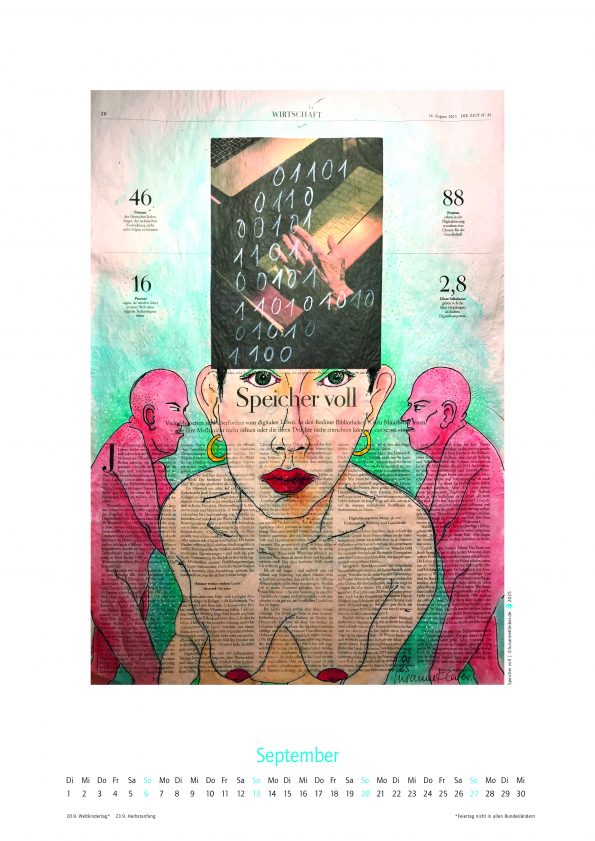 September des Kalenders 2026, mit figürlicher Illustration auf ganzer Zeitungsseite