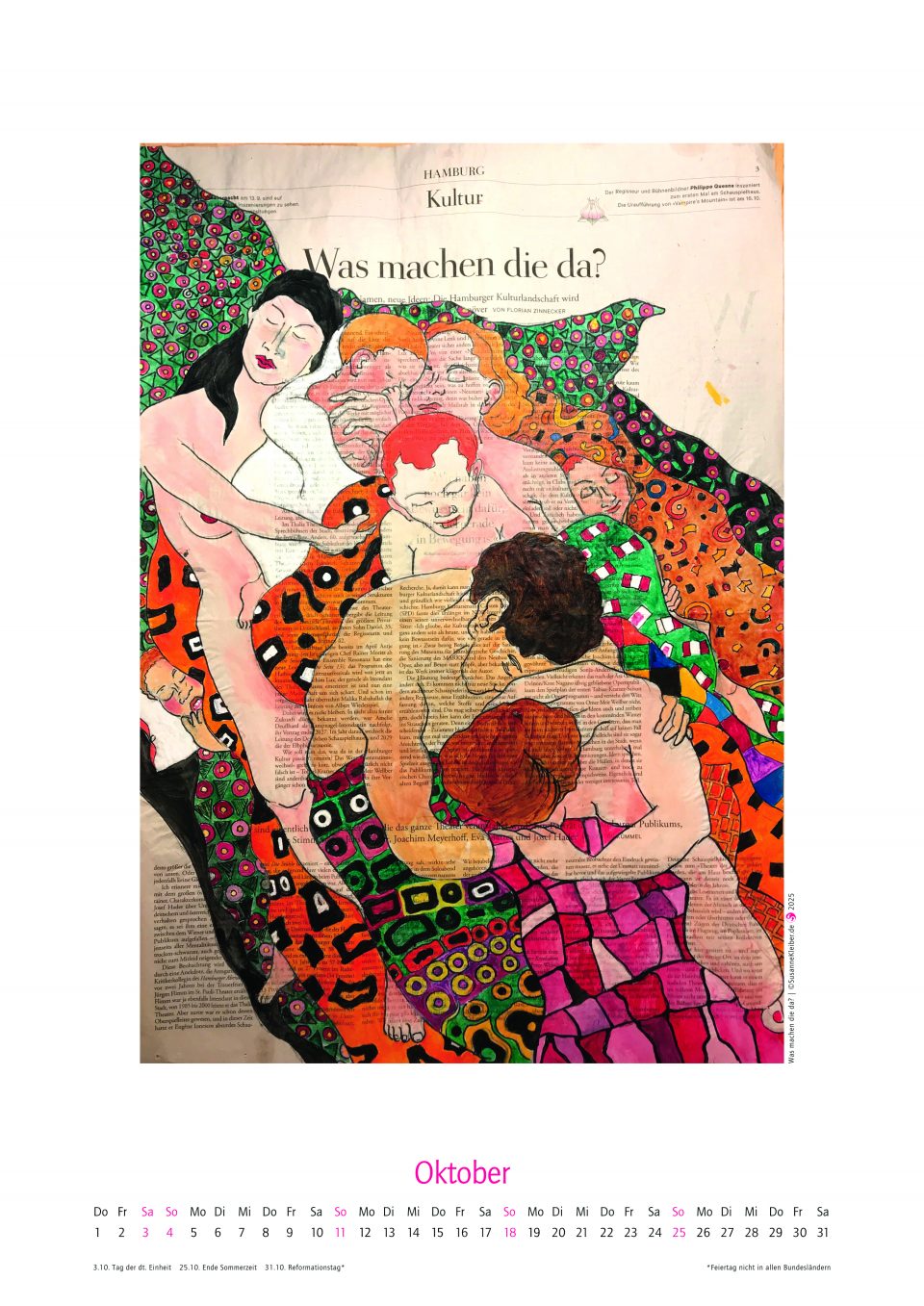 Oktober des Kalenders 2026, mit figürlicher Illustration auf ganzer Zeitungsseite