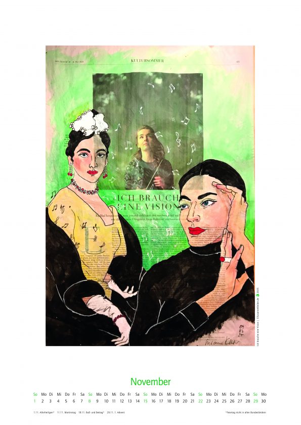 November des Kalenders 2026, mit figürlicher Illustration auf ganzer Zeitungsseite