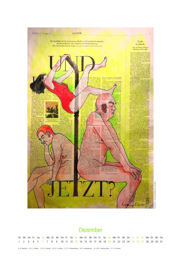 Dezember des Kalenders 2026, mit figürlicher Illustration auf ganzer Zeitungsseite