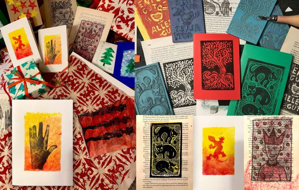 Verschiedene Drucktechniken auf Arbeitstisch