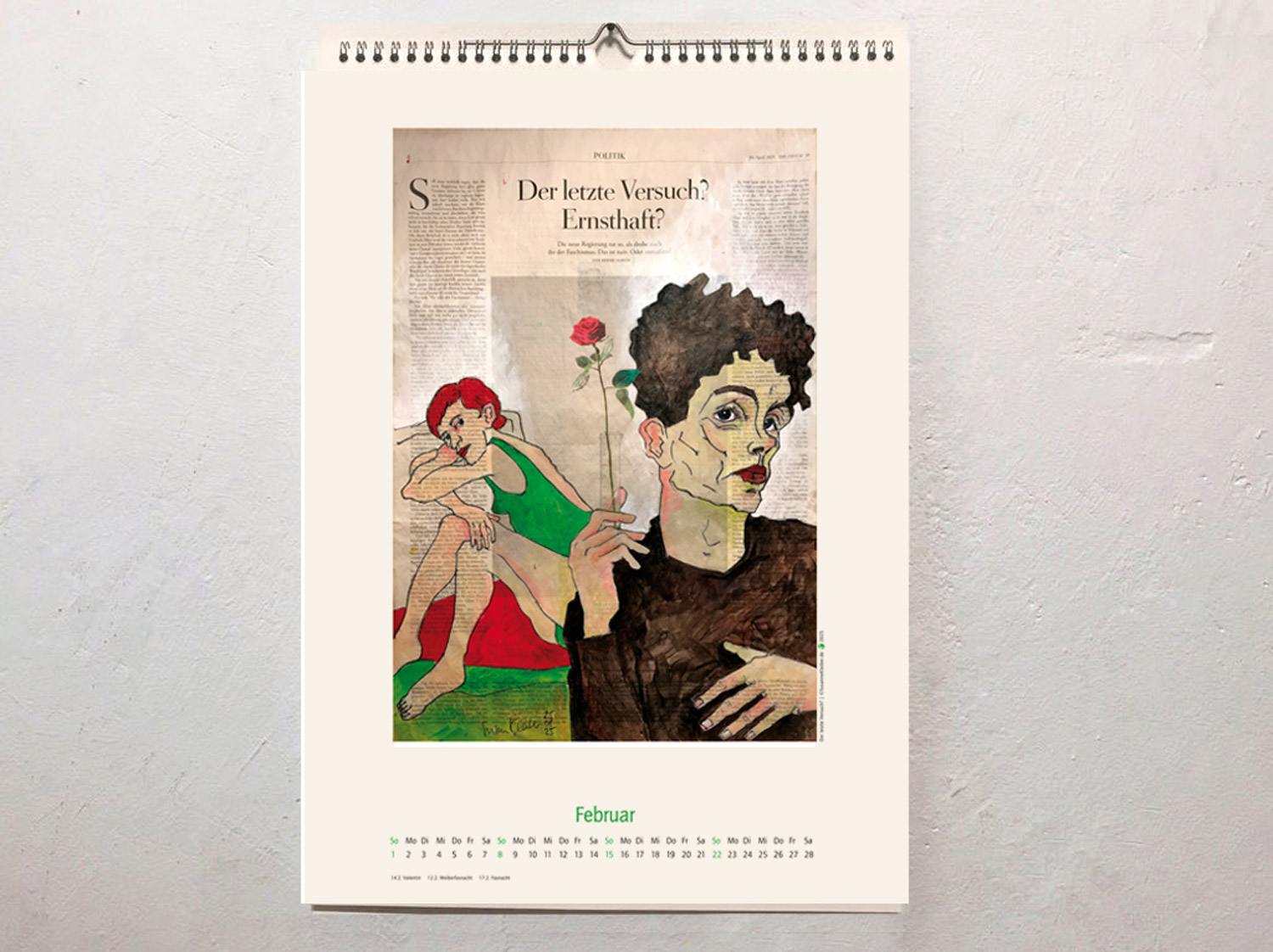 Februar-Kalenderblatt mit figürlicher Illustration auf ganzer Zeitungsseite, Text "Letzter Versuch? Im Ernst?"