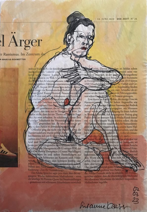 Weiblicher Akt auf Zeitung mit Text "Ärger"