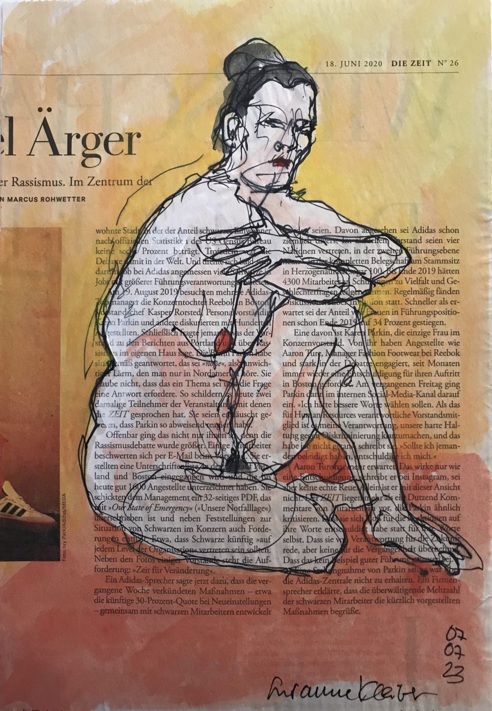 Weiblicher Akt auf Zeitung mit Text "Ärger"