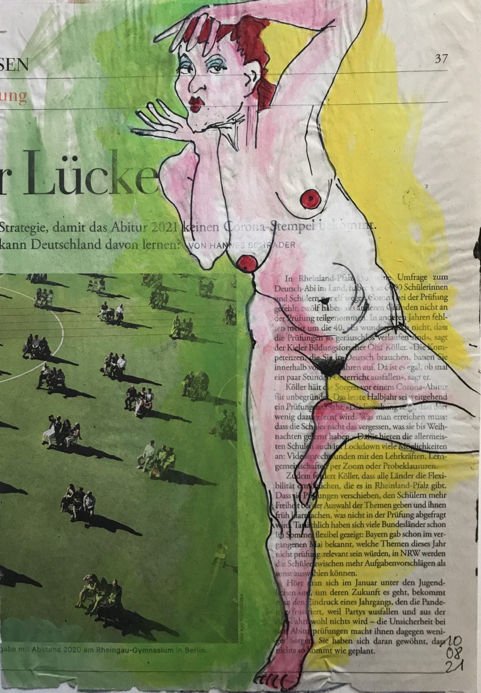 Weiblicher Akt auf Zeitung mit Text "Lücke"