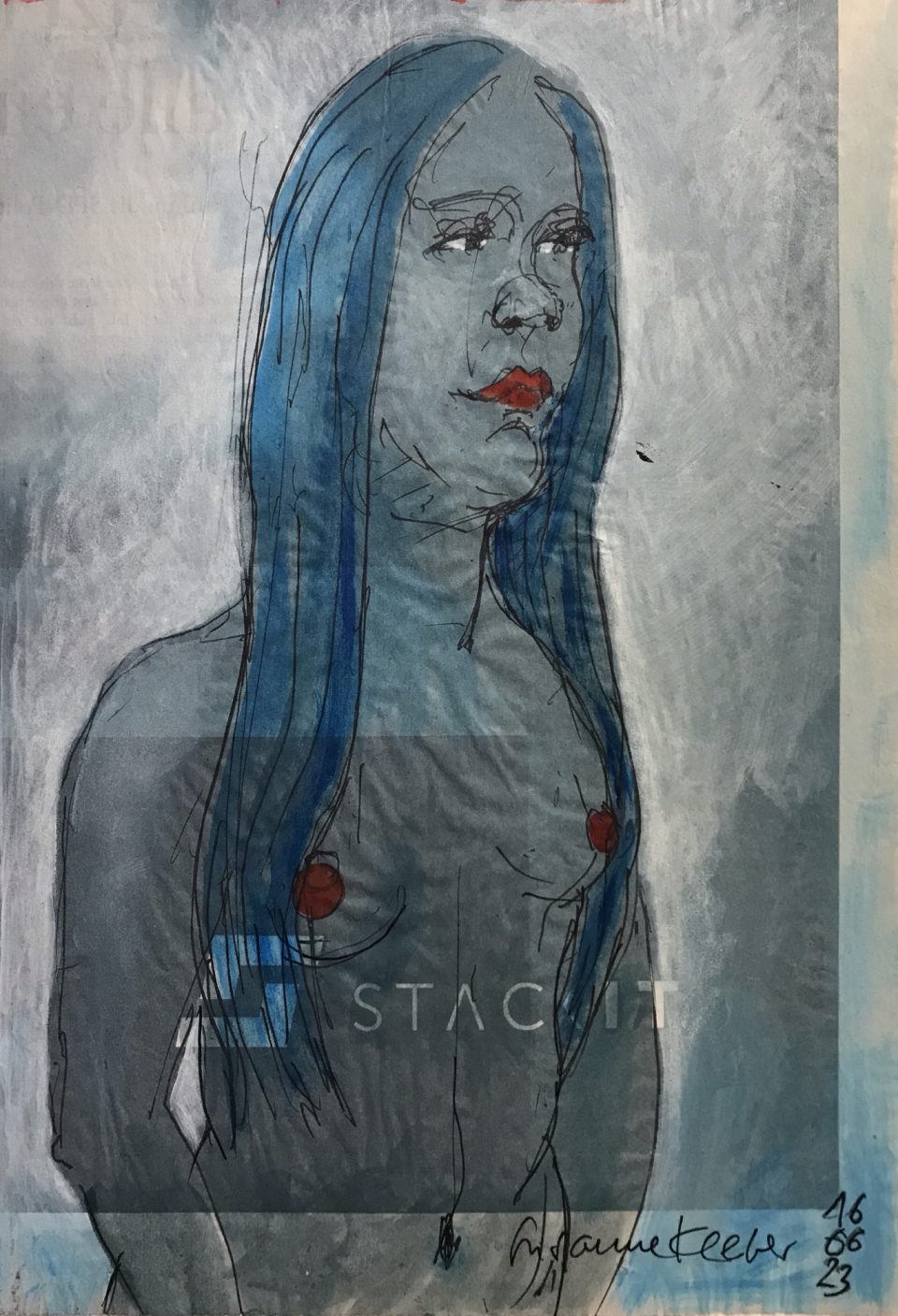 Weiblicher Akt auf Zeitung mit Text "STAC IT"