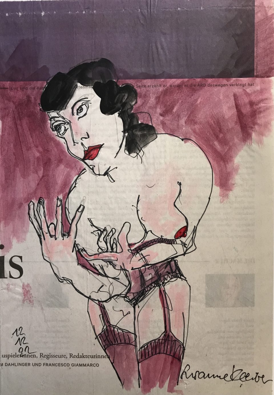 Weiblicher Akt mit Bustier und Strümpfen auf Zeitung mit Text "Redakteurinnen"