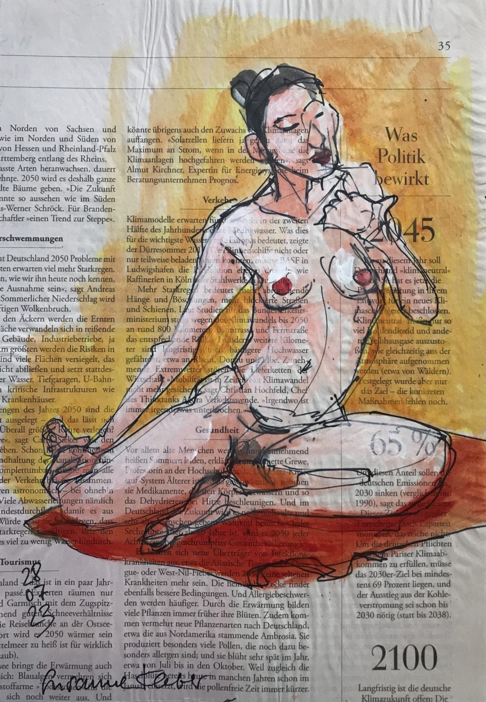 Weiblicher Akt auf Zeitung mit Text "Was Politik bewirkt"