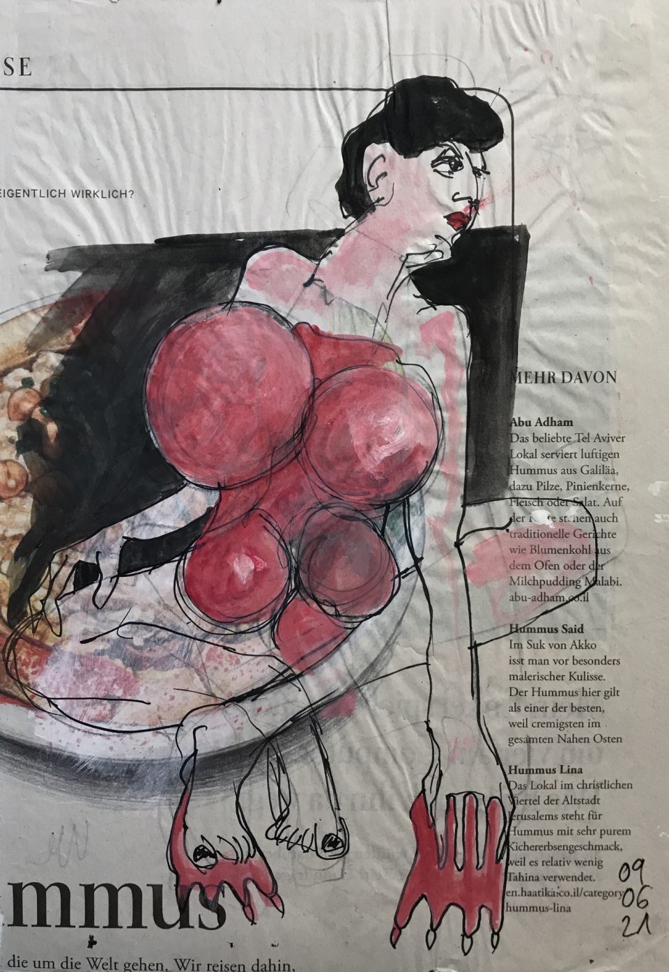 Weiblicher Akt auf Zeitung mit Text "Mehr davon"