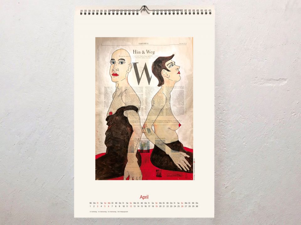 April-Kalenderblatt mit figürlicher Illustration, männlicher und weiblicher Akt , auf ganzer Zeitungsseite mit Überschrift "Hin & Weg!