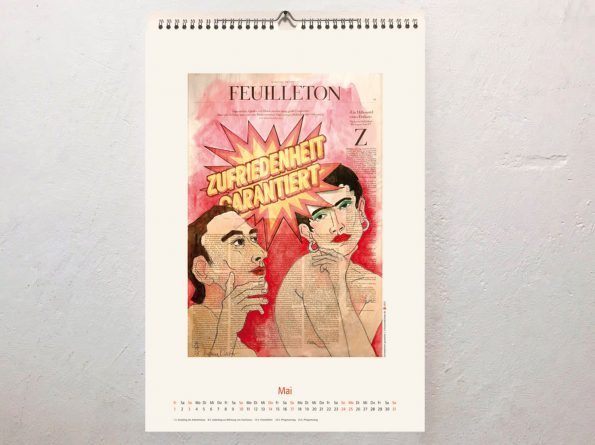 Mai-Kalenderblatt mit figürlicher Illustration auf ganzer Zeitungsseite