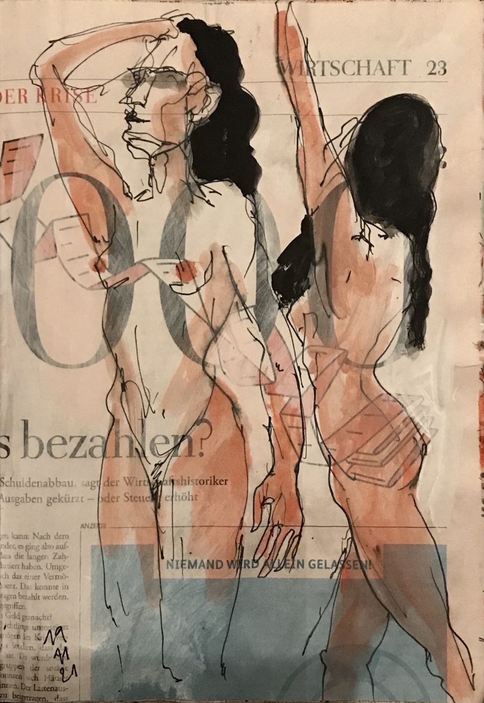 Zweimal stehender weiblicher Akt auf Zeitung