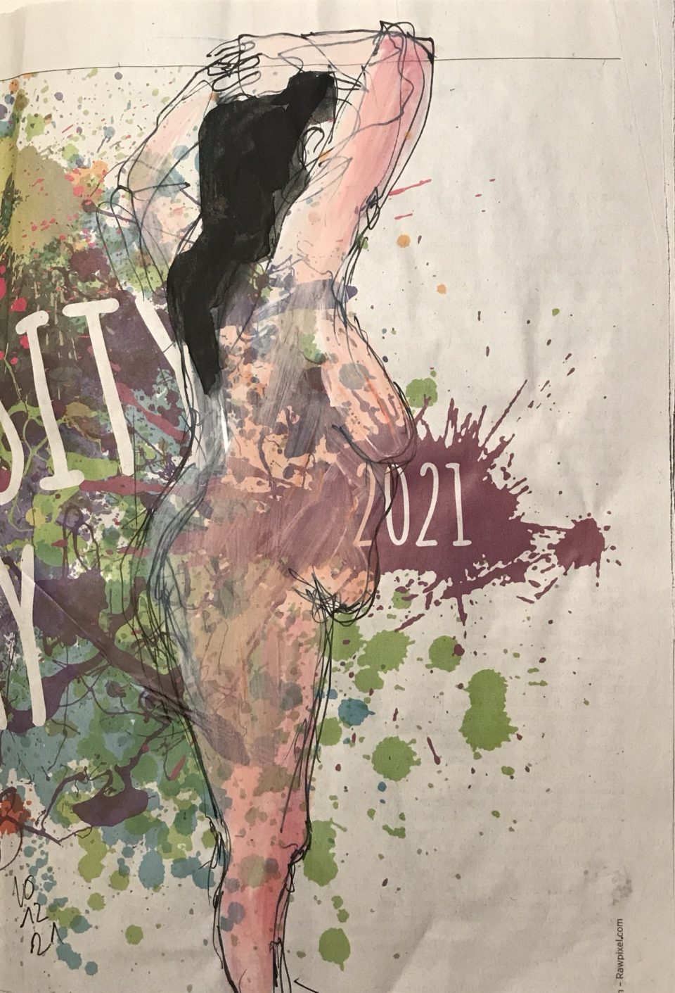 Stehender weiblicher Akt auf Zeitung