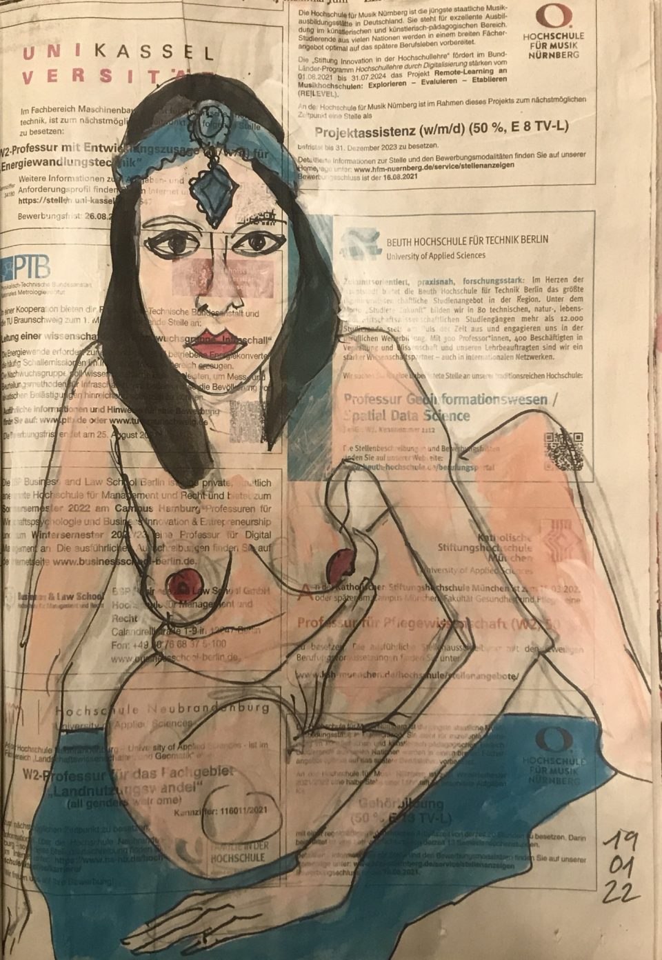 Sitzender weiblicher Akt auf Zeitung