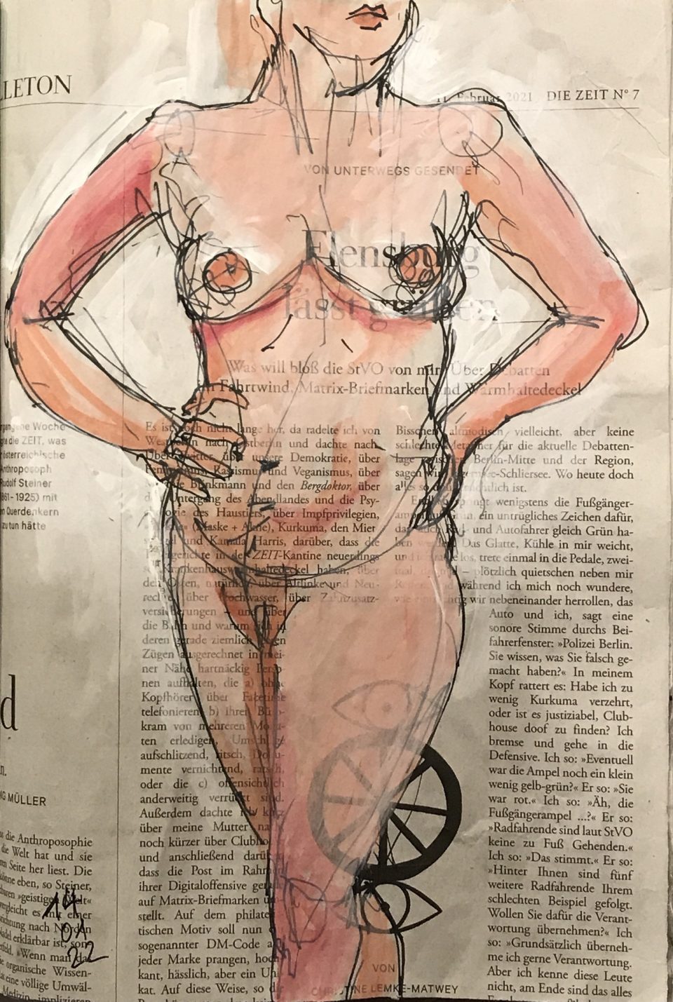 Stehender weiblicher Akt auf Zeitung