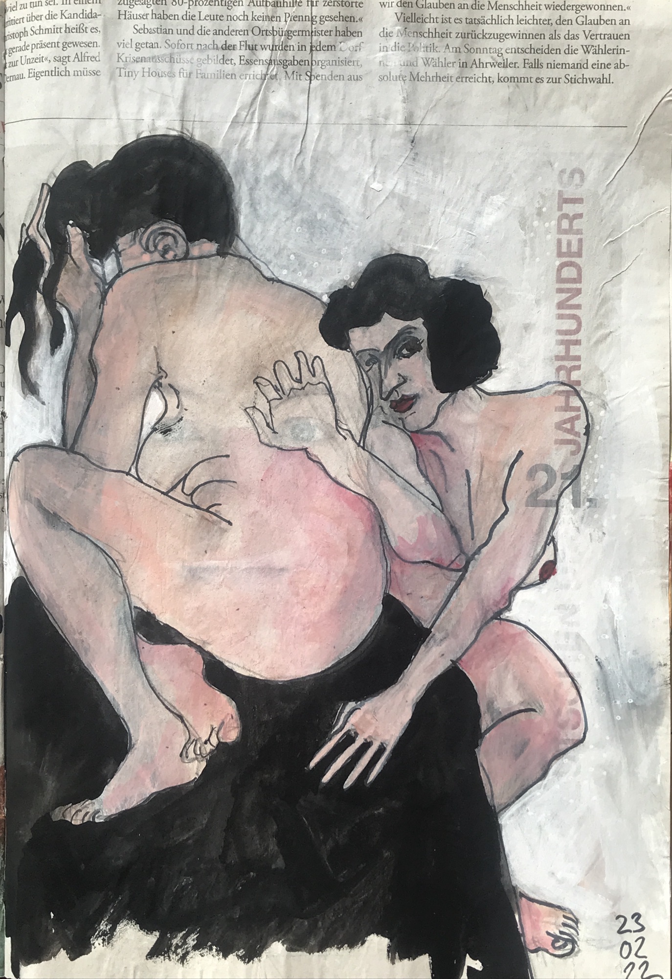 Zweimal weiblicher Akt auf Zeitung